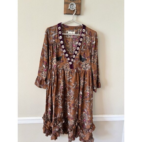 Odd Molly Womens Size 2 Brown Floral Silk Dress Velvet Trim Ruffles Sequins - Picture 1 of 9